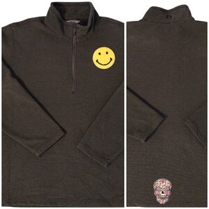 Green Quarter-Zip Pullover with Yellow Smiley and Sugar Skull